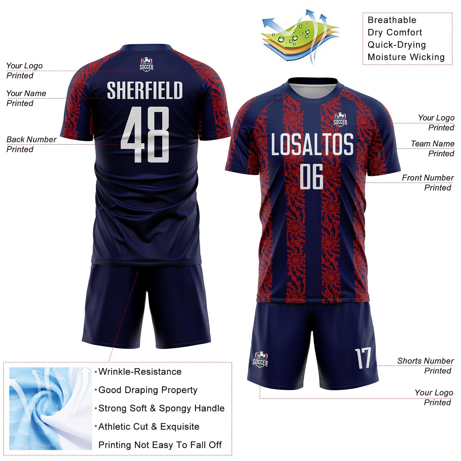 Custom Navy White-Red Abstract Shape Sublimation Soccer Uniform Jersey view 4