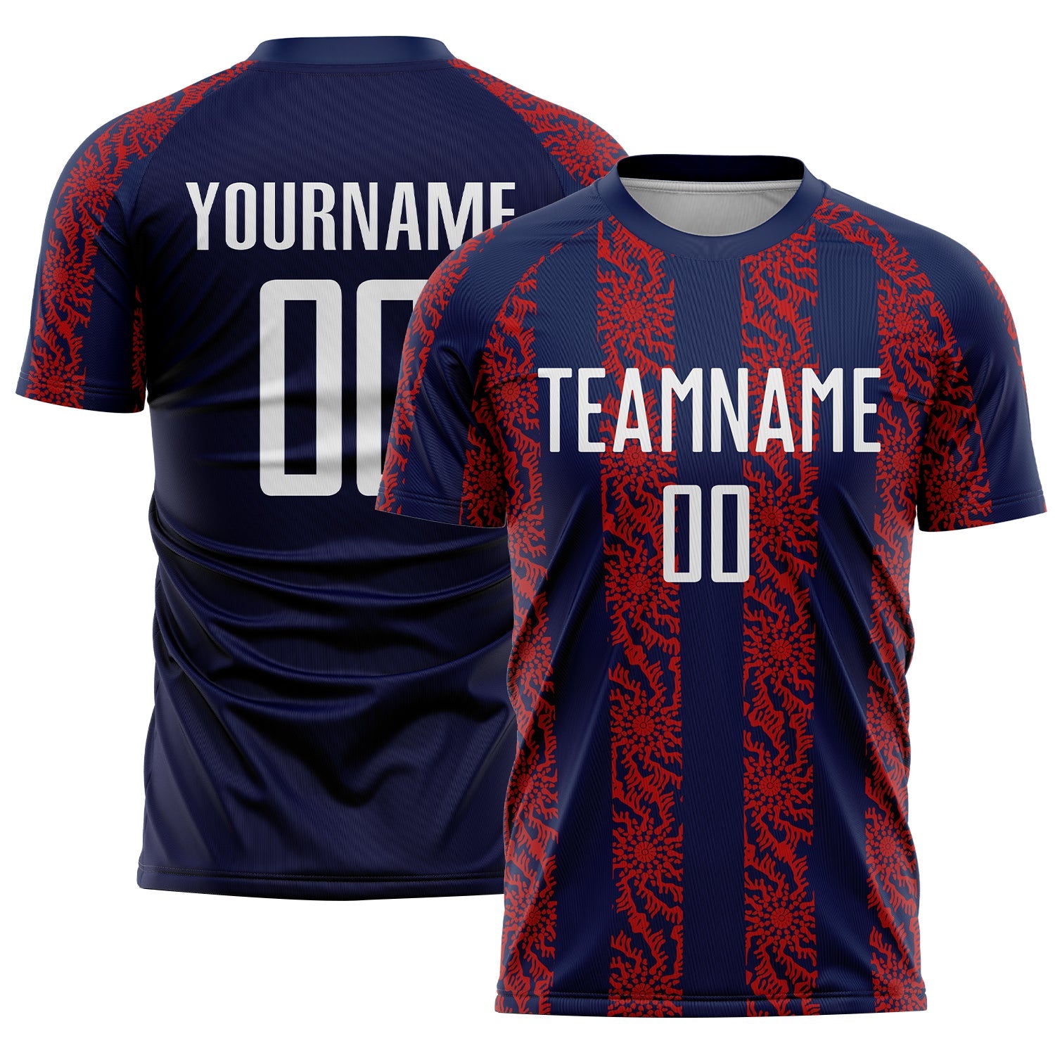 Custom Navy White-Red Abstract Shape Sublimation Soccer Uniform Jersey - Main View