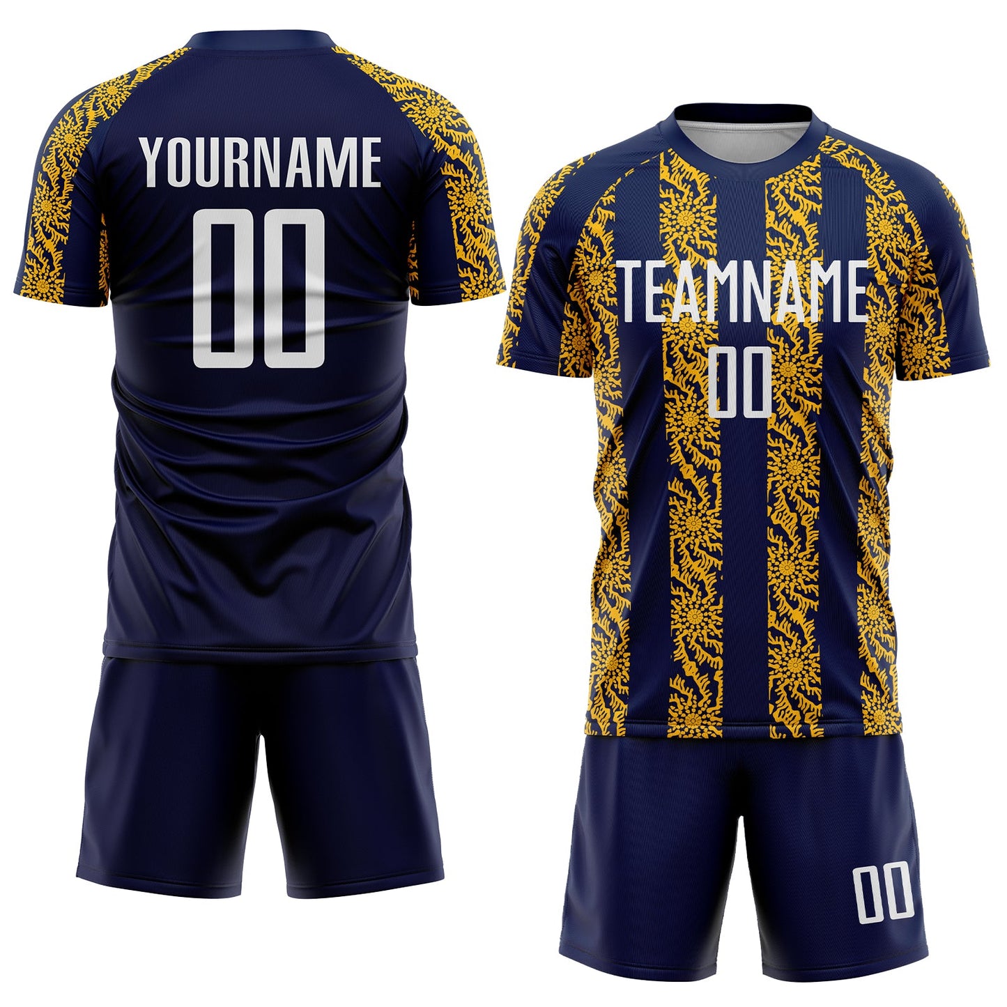 Custom Navy White-Gold Abstract Shape Sublimation Soccer Uniform Jersey view 2