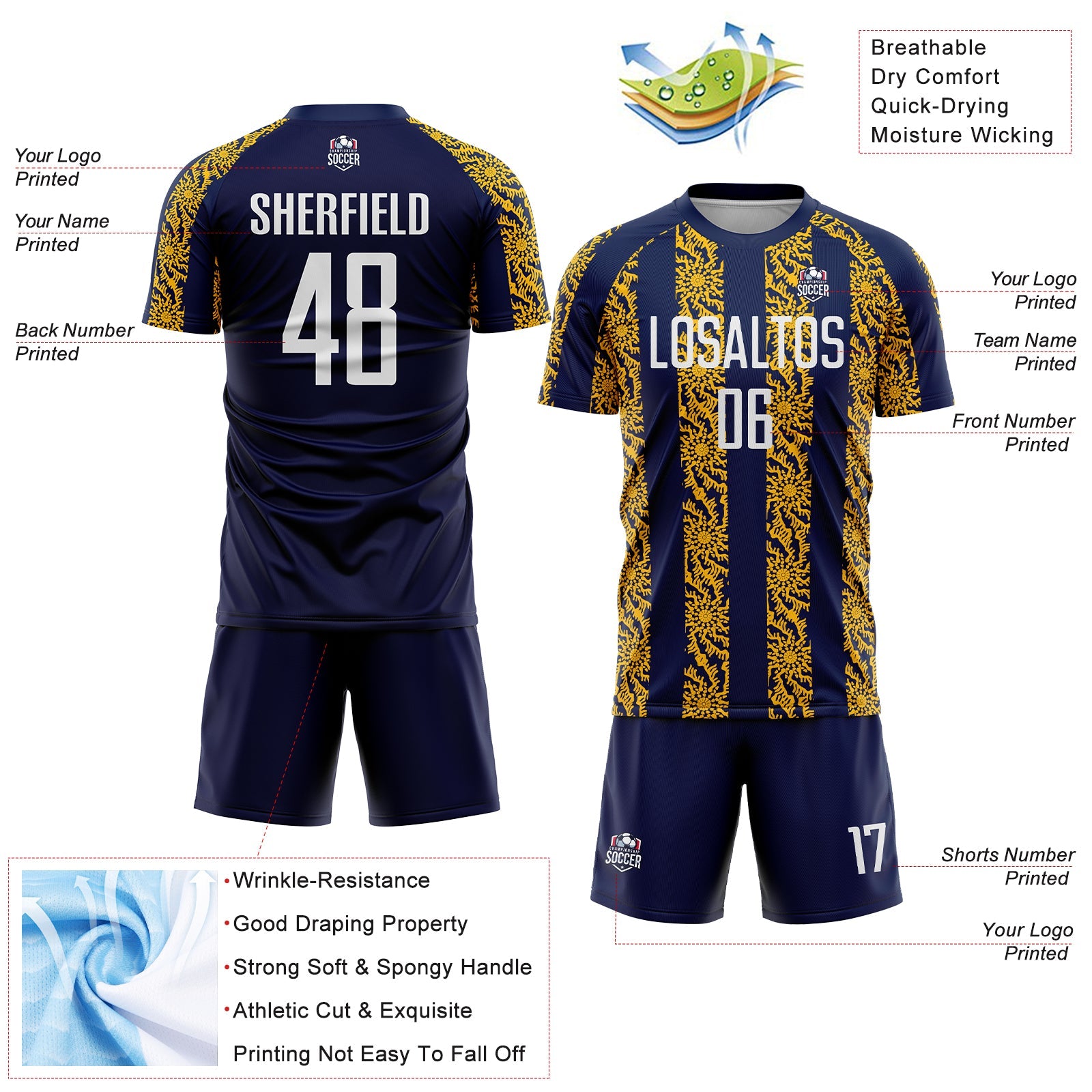 Custom Navy White-Gold Abstract Shape Sublimation Soccer Uniform Jersey view 4