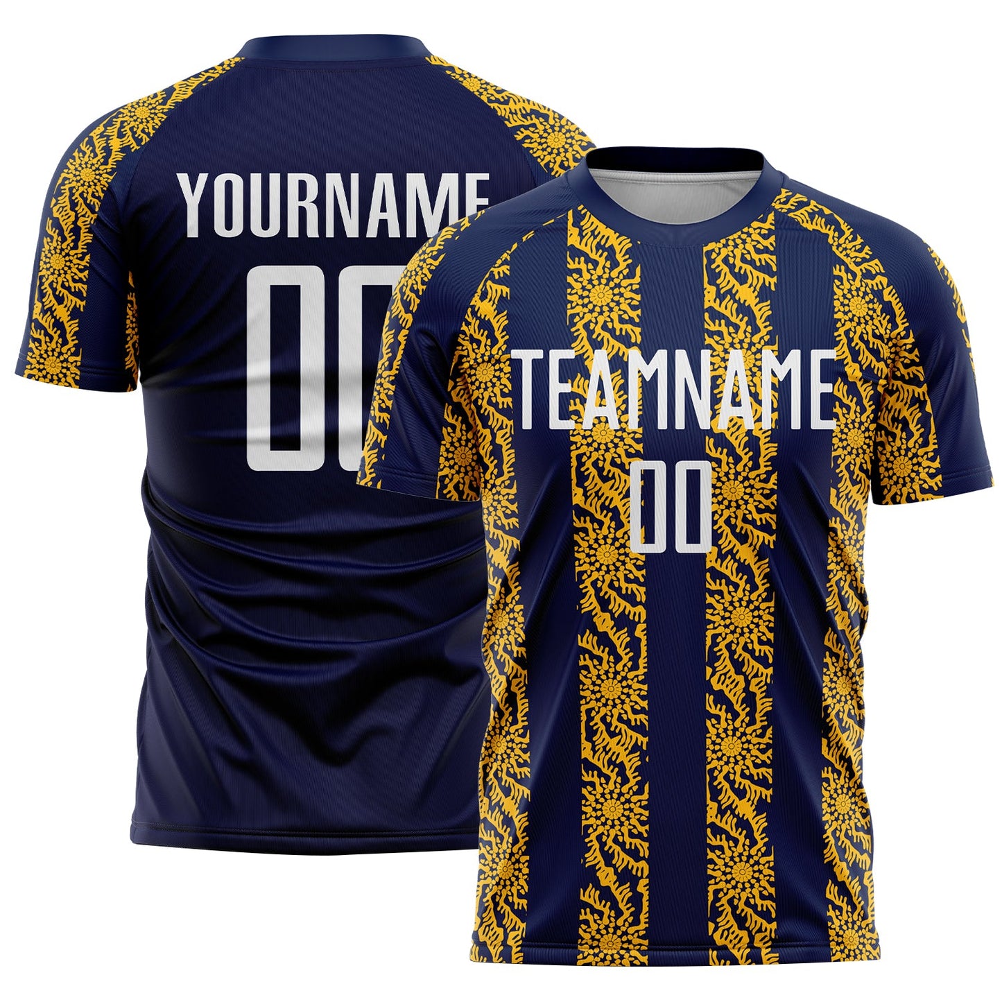 Custom Navy White-Gold Abstract Shape Sublimation Soccer Uniform Jersey - Main View