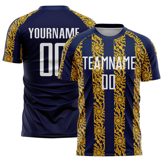 Custom Navy White-Gold Abstract Shape Sublimation Soccer Uniform Jersey - Main View