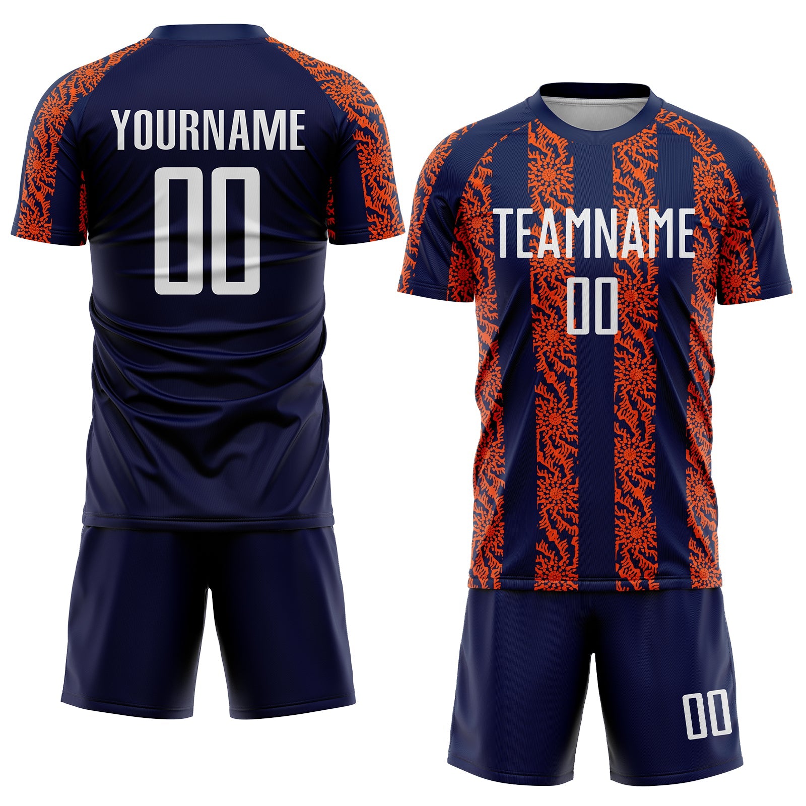 Custom Navy White-Orange Abstract Shape Sublimation Soccer Uniform Jersey view 2