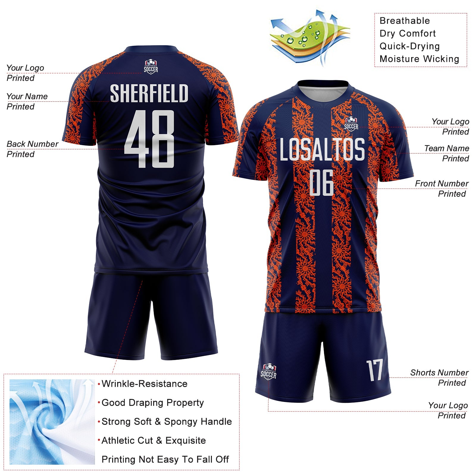 Custom Navy White-Orange Abstract Shape Sublimation Soccer Uniform Jersey view 4