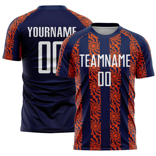 Custom Navy White-Orange Abstract Shape Sublimation Soccer Uniform Jersey - Main View
