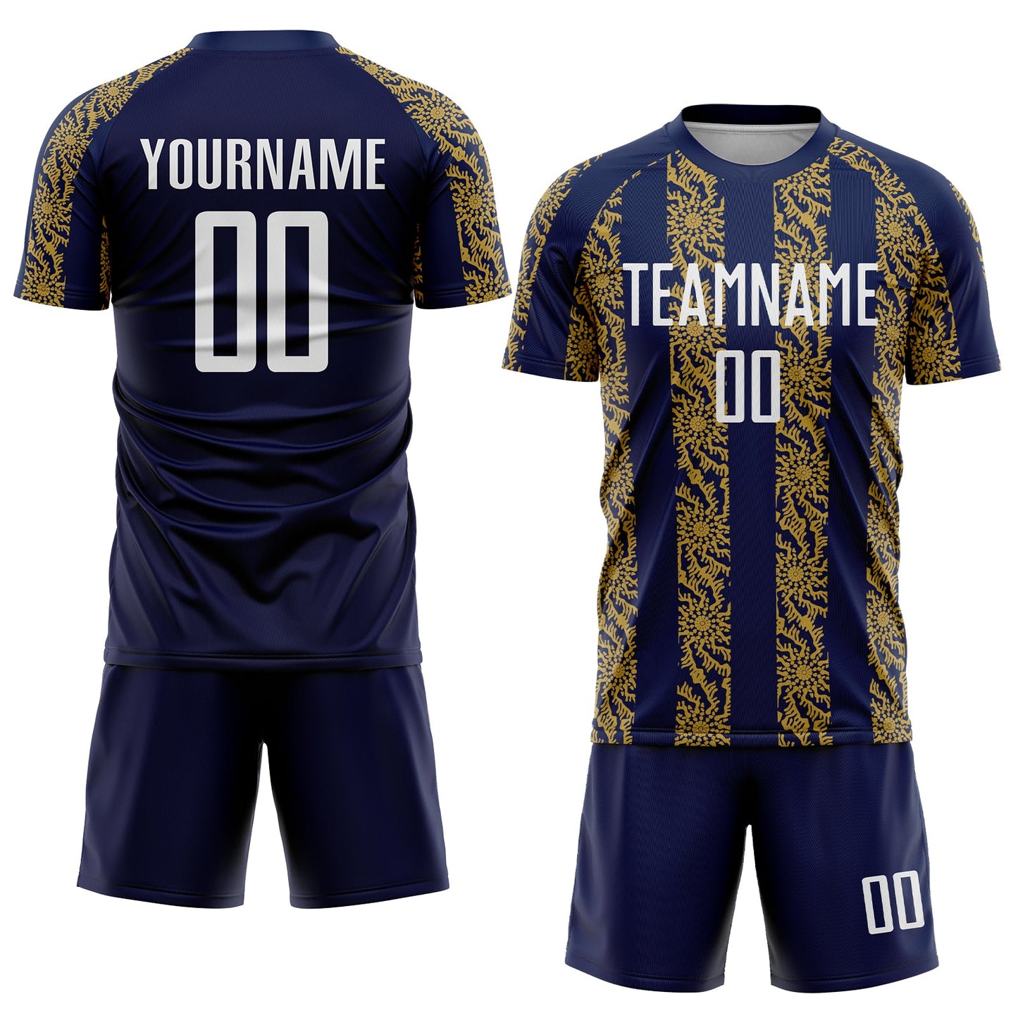 Custom Navy White-Old Gold Abstract Shape Sublimation Soccer Uniform Jersey view 2