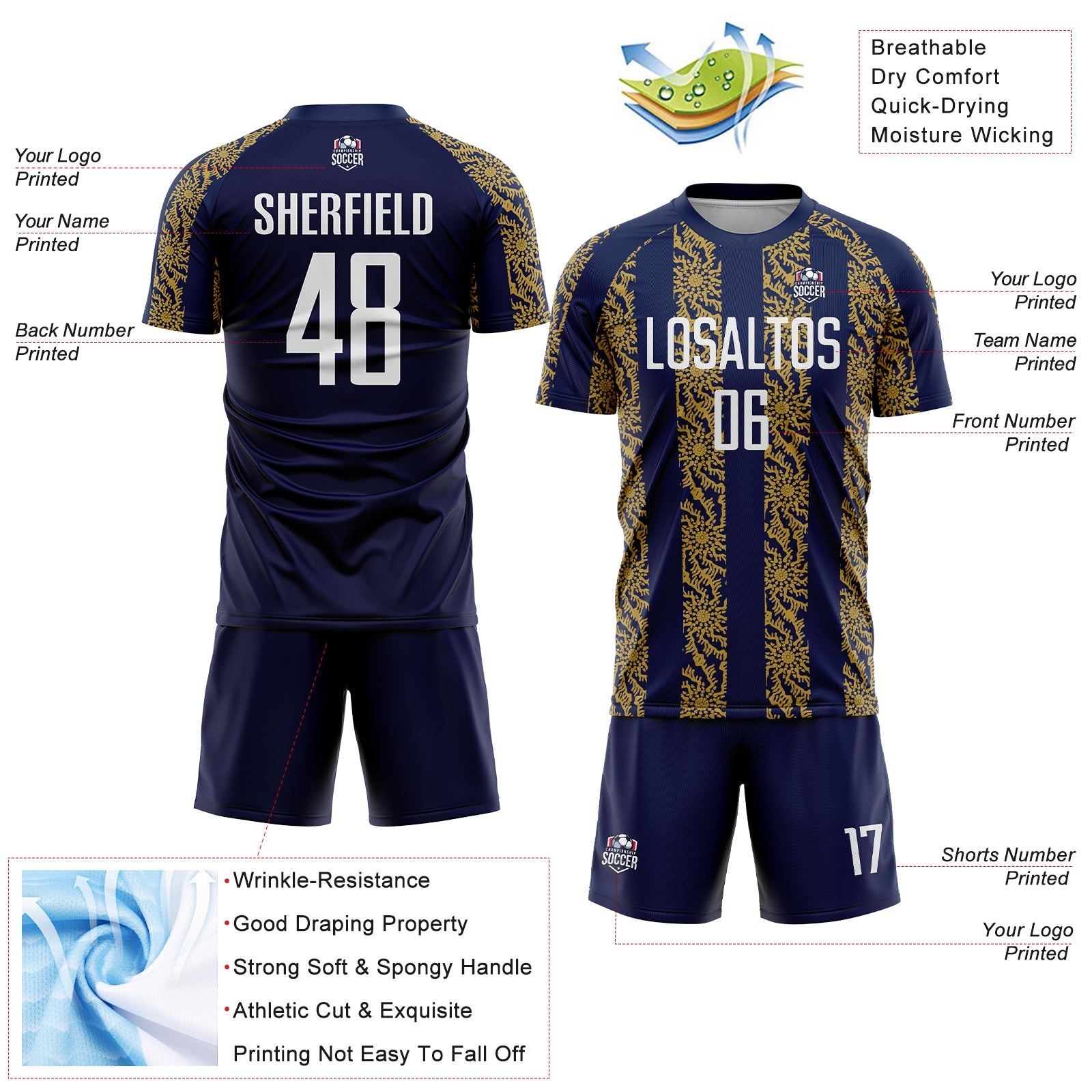 Custom Navy White-Old Gold Abstract Shape Sublimation Soccer Uniform Jersey view 4