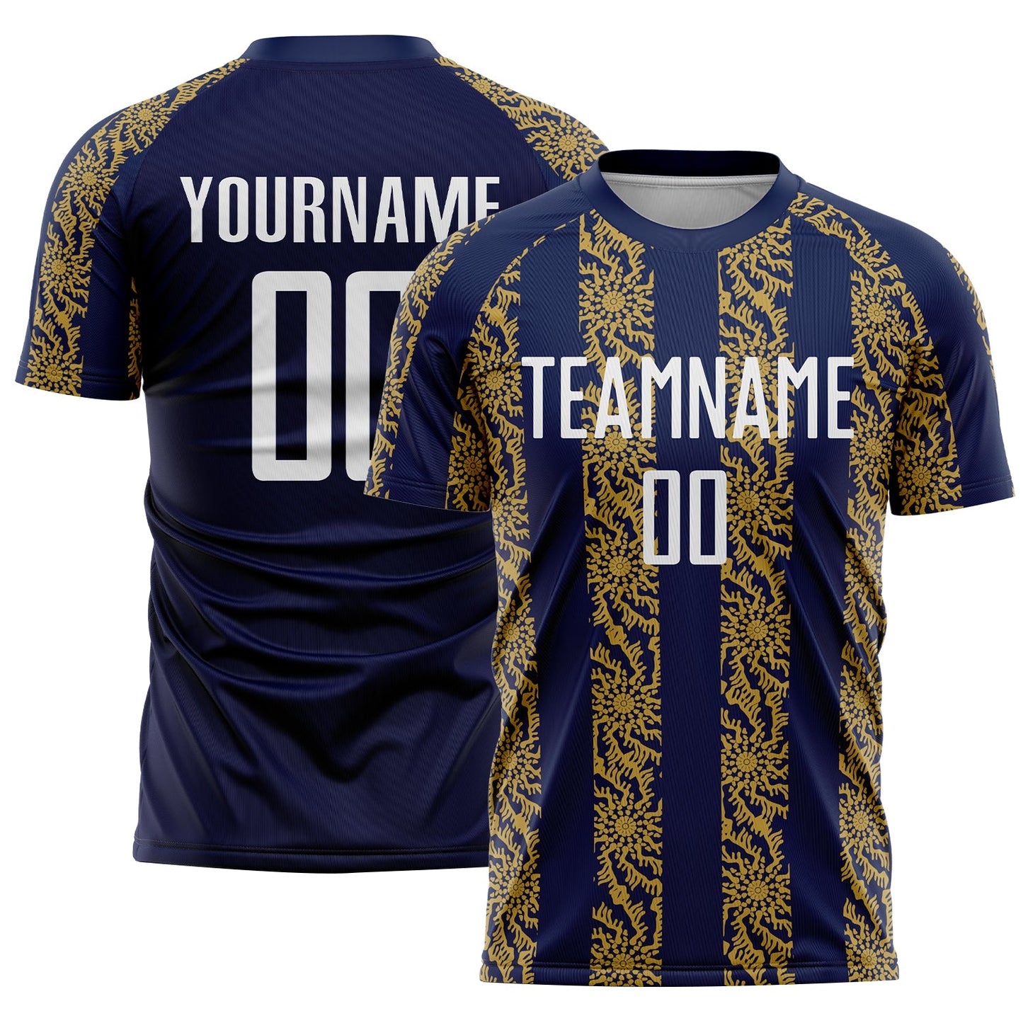 Custom Navy White-Old Gold Abstract Shape Sublimation Soccer Uniform Jersey - Main View