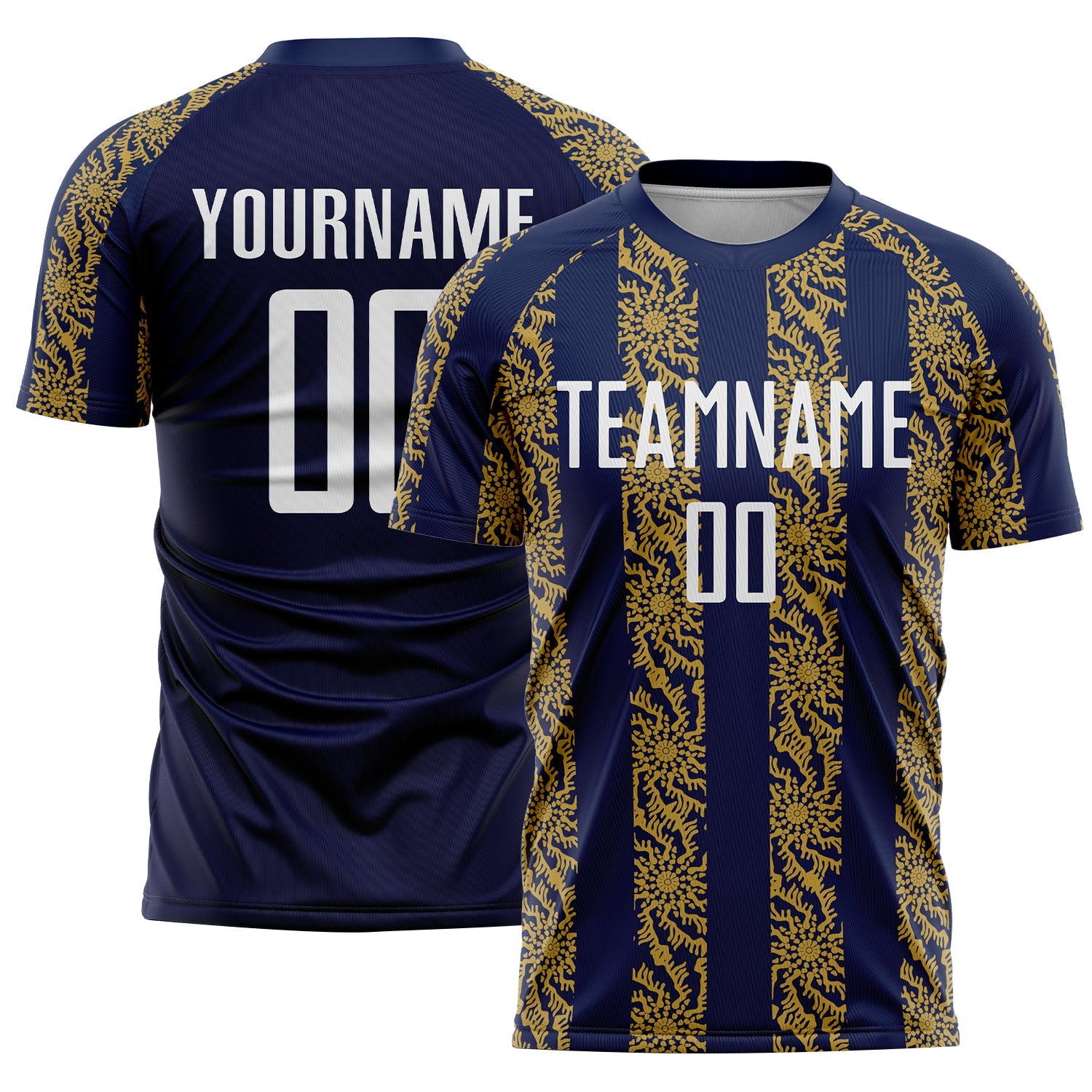 Custom Navy White-Old Gold Abstract Shape Sublimation Soccer Uniform Jersey - Main View