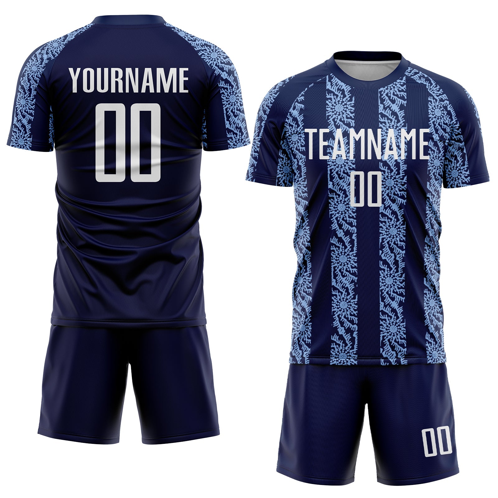 Custom Navy White-Light Blue Abstract Shape Sublimation Soccer Uniform Jersey view 2