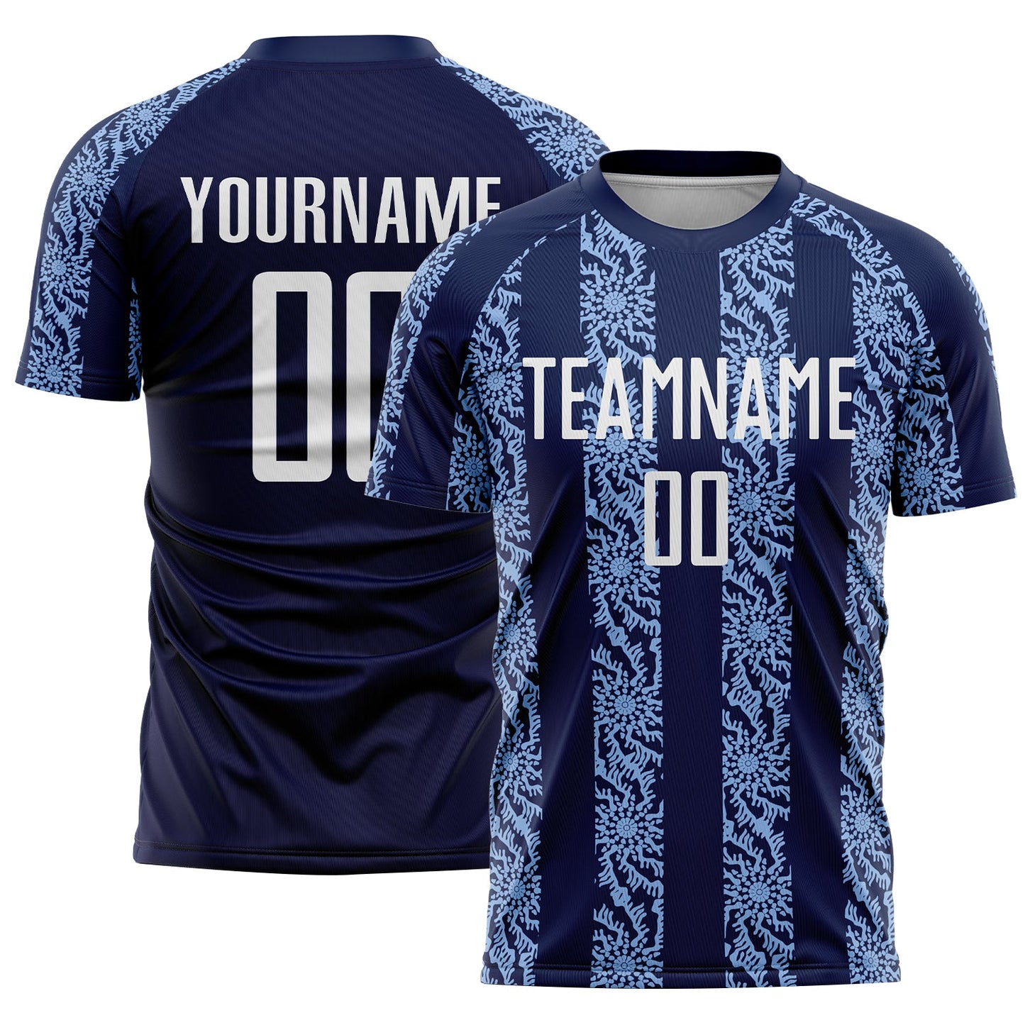 Custom Navy White-Light Blue Abstract Shape Sublimation Soccer Uniform Jersey - Main View