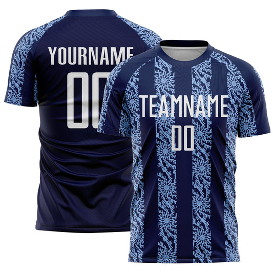 Custom Navy White-Light Blue Abstract Shape Sublimation Soccer Uniform Jersey - Main View