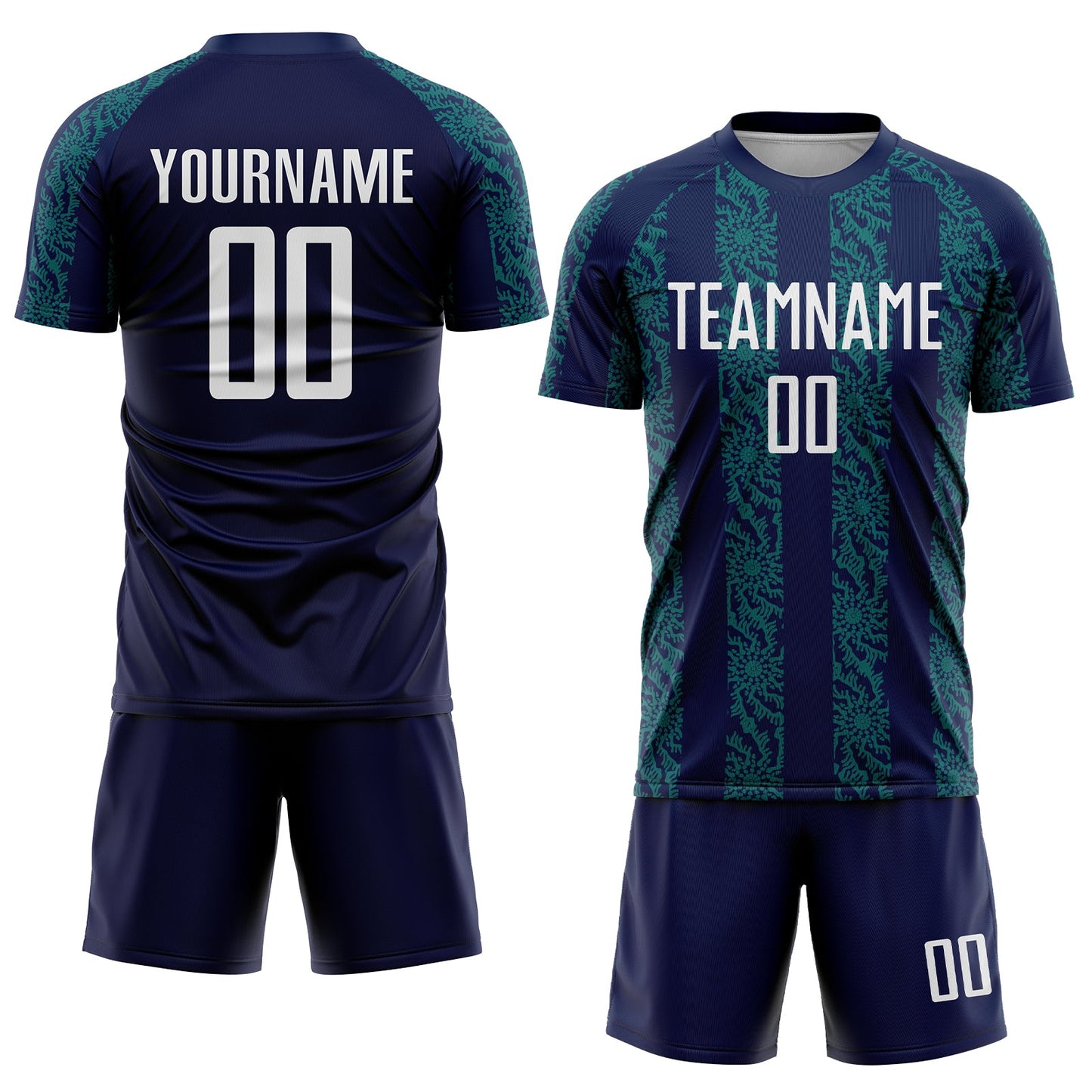 Custom Navy White-Teal Abstract Shape Sublimation Soccer Uniform Jersey view 2