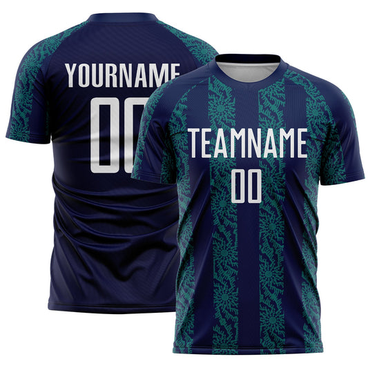 Custom Navy White-Teal Abstract Shape Sublimation Soccer Uniform Jersey - Main View