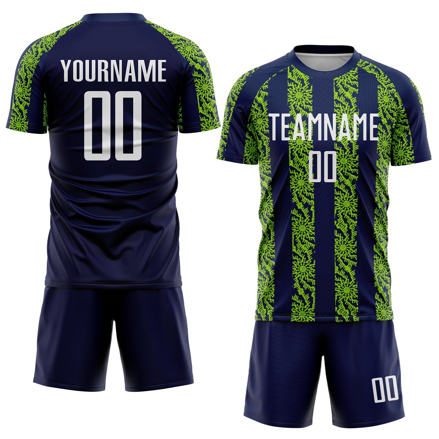 Custom Navy White-Neon Green Abstract Shape Sublimation Soccer Uniform Jersey view 2