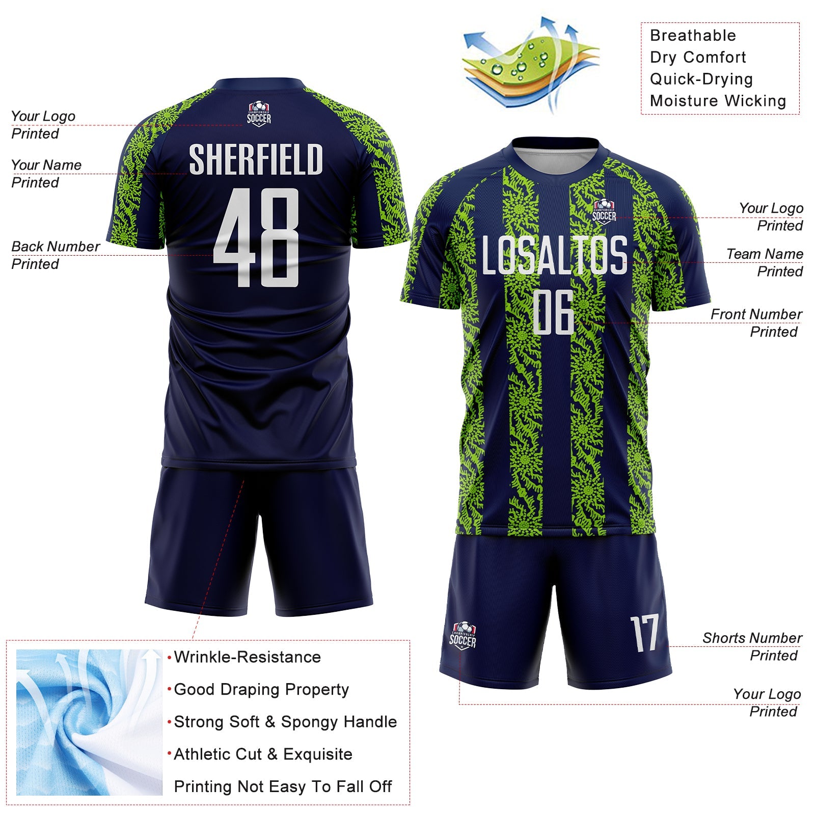 Custom Navy White-Neon Green Abstract Shape Sublimation Soccer Uniform Jersey view 4