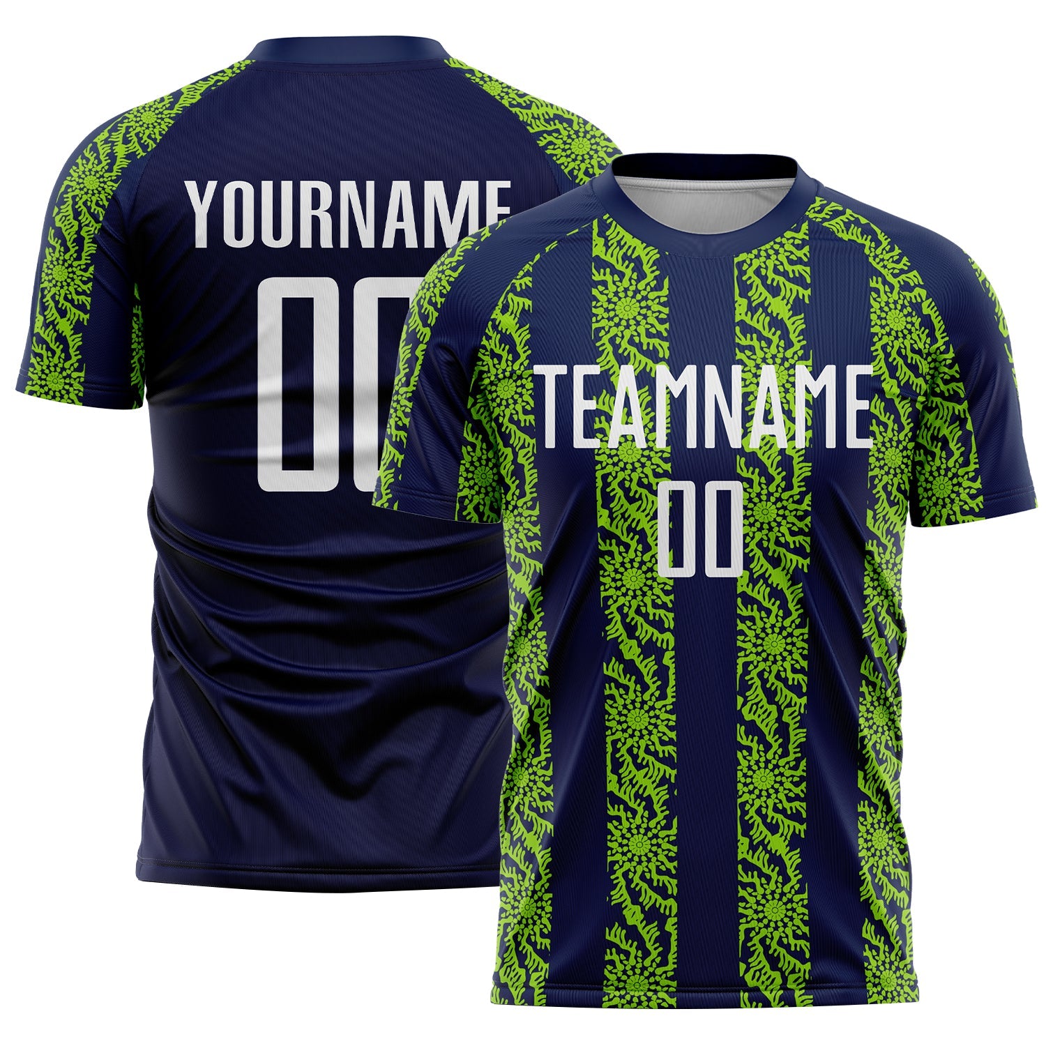 Custom Navy White-Neon Green Abstract Shape Sublimation Soccer Uniform Jersey - Main View