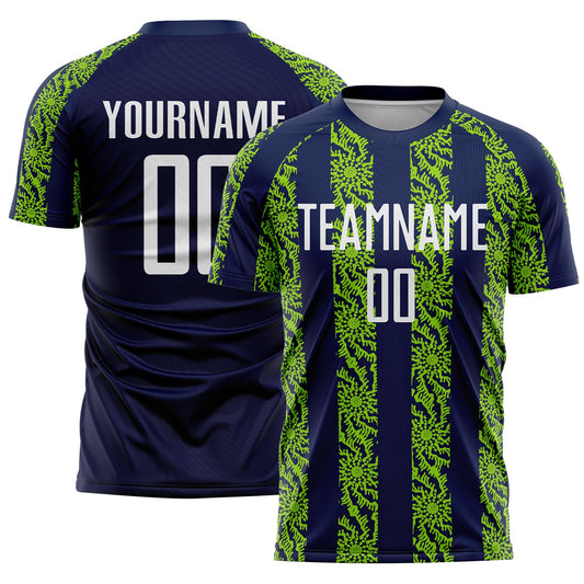 Custom Navy White-Neon Green Abstract Shape Sublimation Soccer Uniform Jersey - Main View