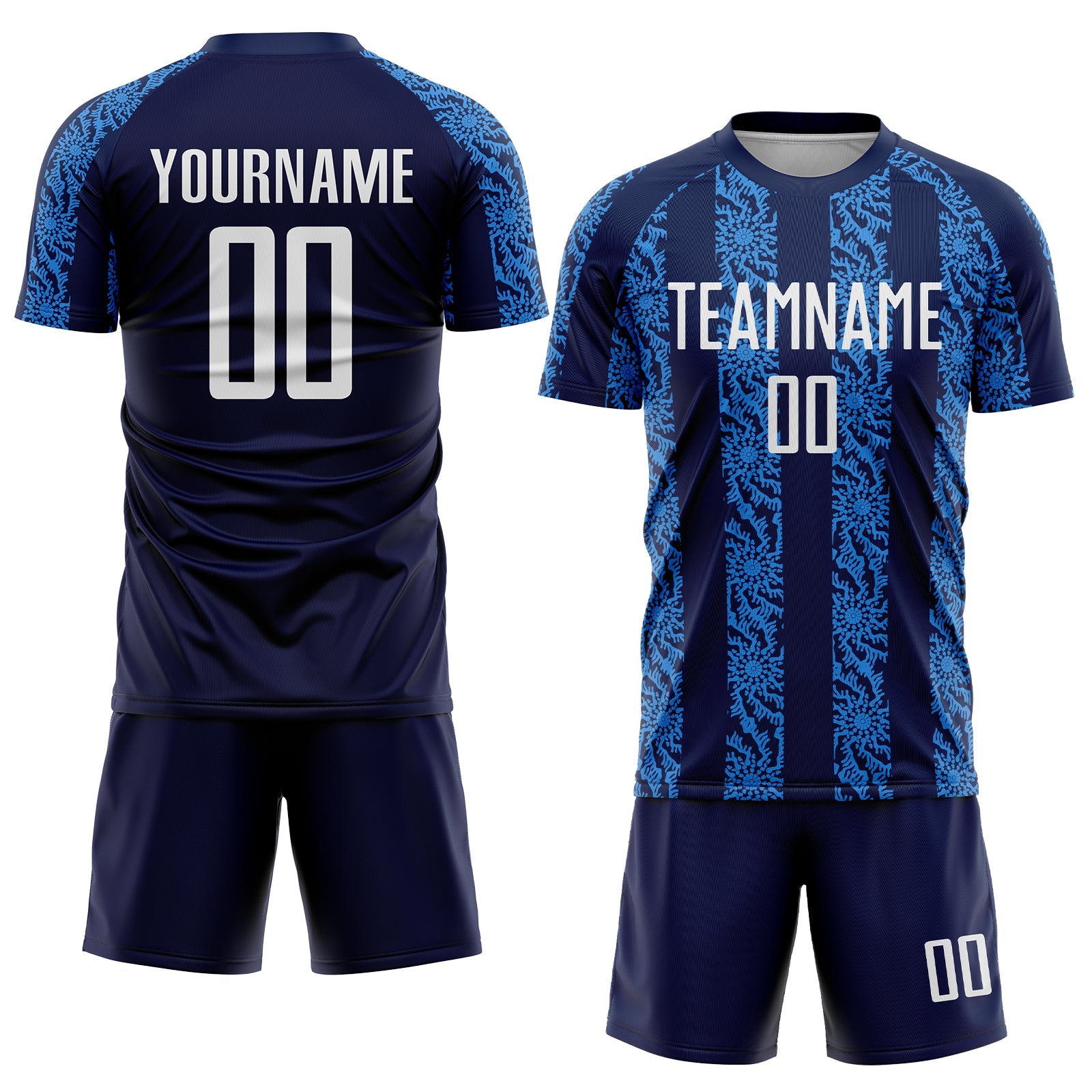 Custom Navy White-Powder Blue Abstract Shape Sublimation Soccer Uniform Jersey view 2