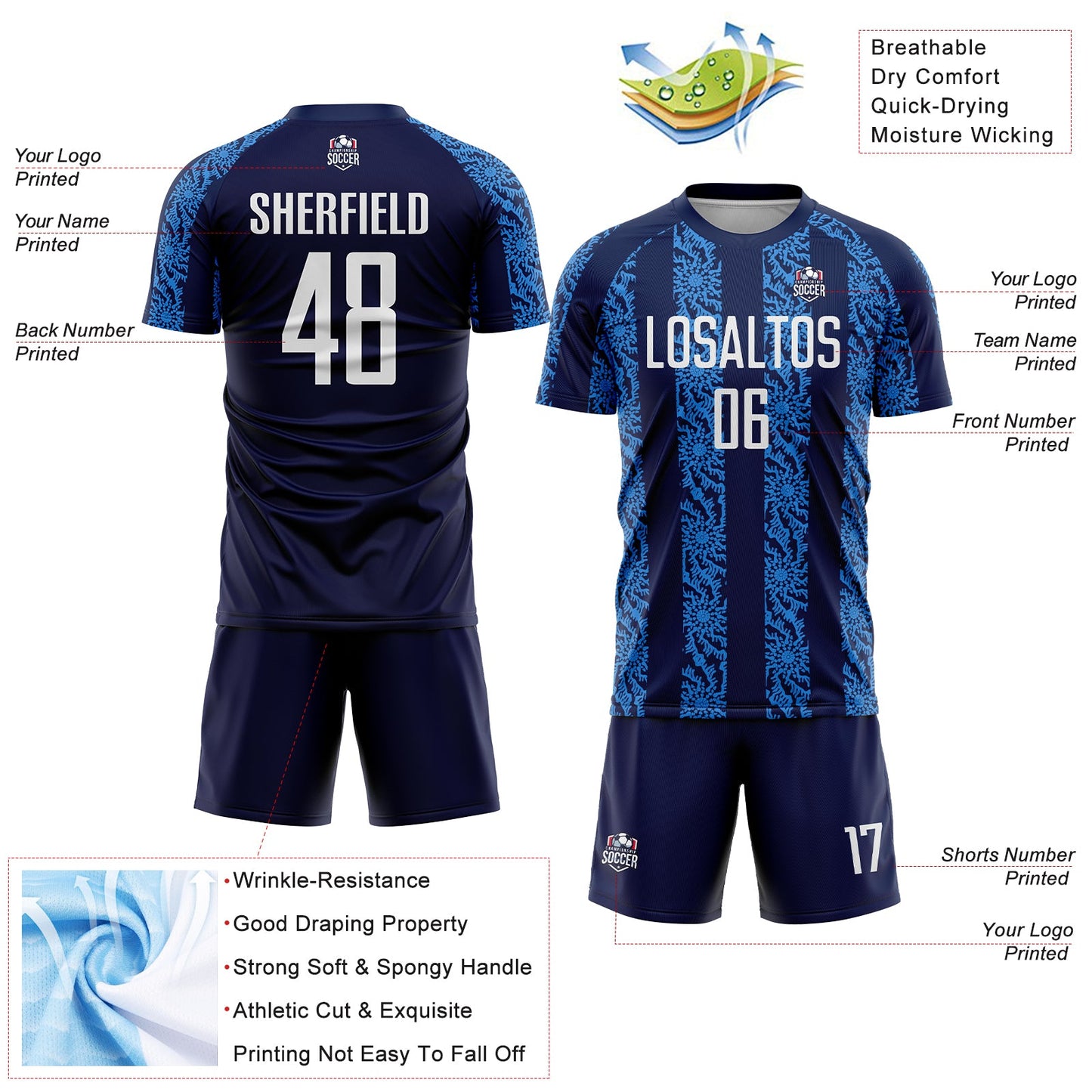 Custom Navy White-Powder Blue Abstract Shape Sublimation Soccer Uniform Jersey view 4