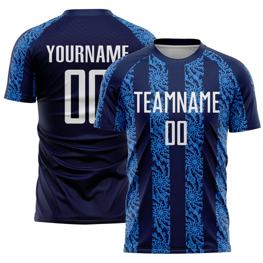 Custom Navy White-Powder Blue Abstract Shape Sublimation Soccer Uniform Jersey - Main View
