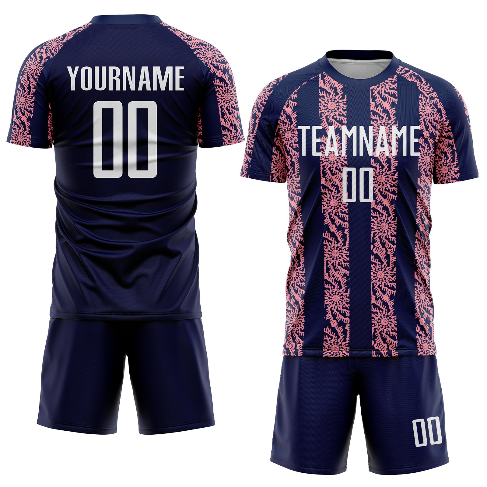 Custom Navy White-Medium Pink Abstract Shape Sublimation Soccer Uniform Jersey view 2