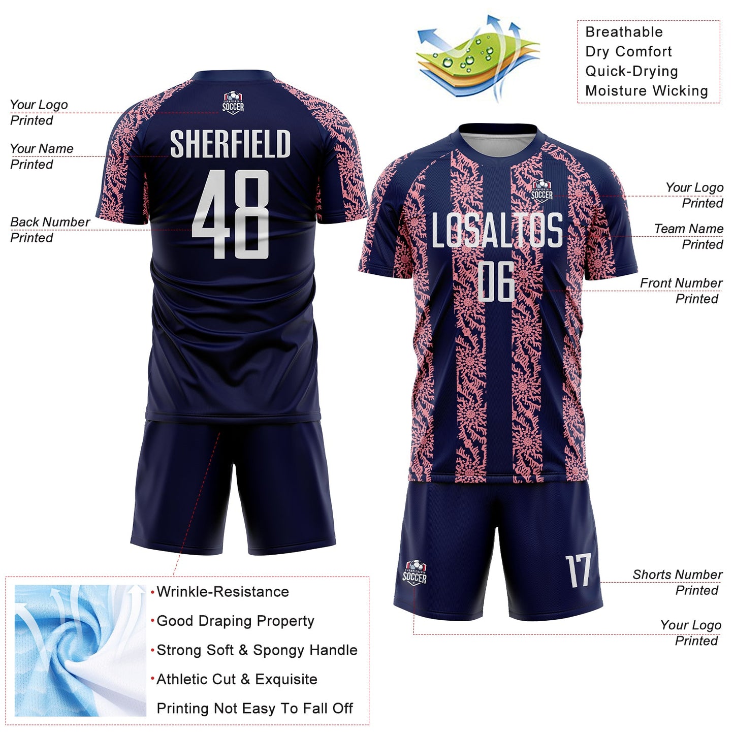 Custom Navy White-Medium Pink Abstract Shape Sublimation Soccer Uniform Jersey view 4