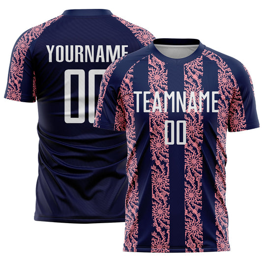 Custom Navy White-Medium Pink Abstract Shape Sublimation Soccer Uniform Jersey - Main View