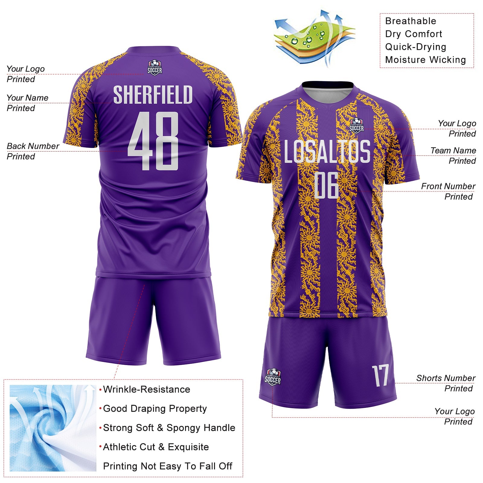 Custom Purple White-Gold Abstract Shape Sublimation Soccer Uniform Jersey view 4