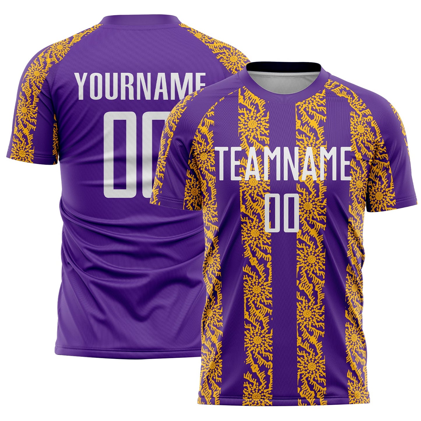 Custom Purple White-Gold Abstract Shape Sublimation Soccer Uniform Jersey - Main View