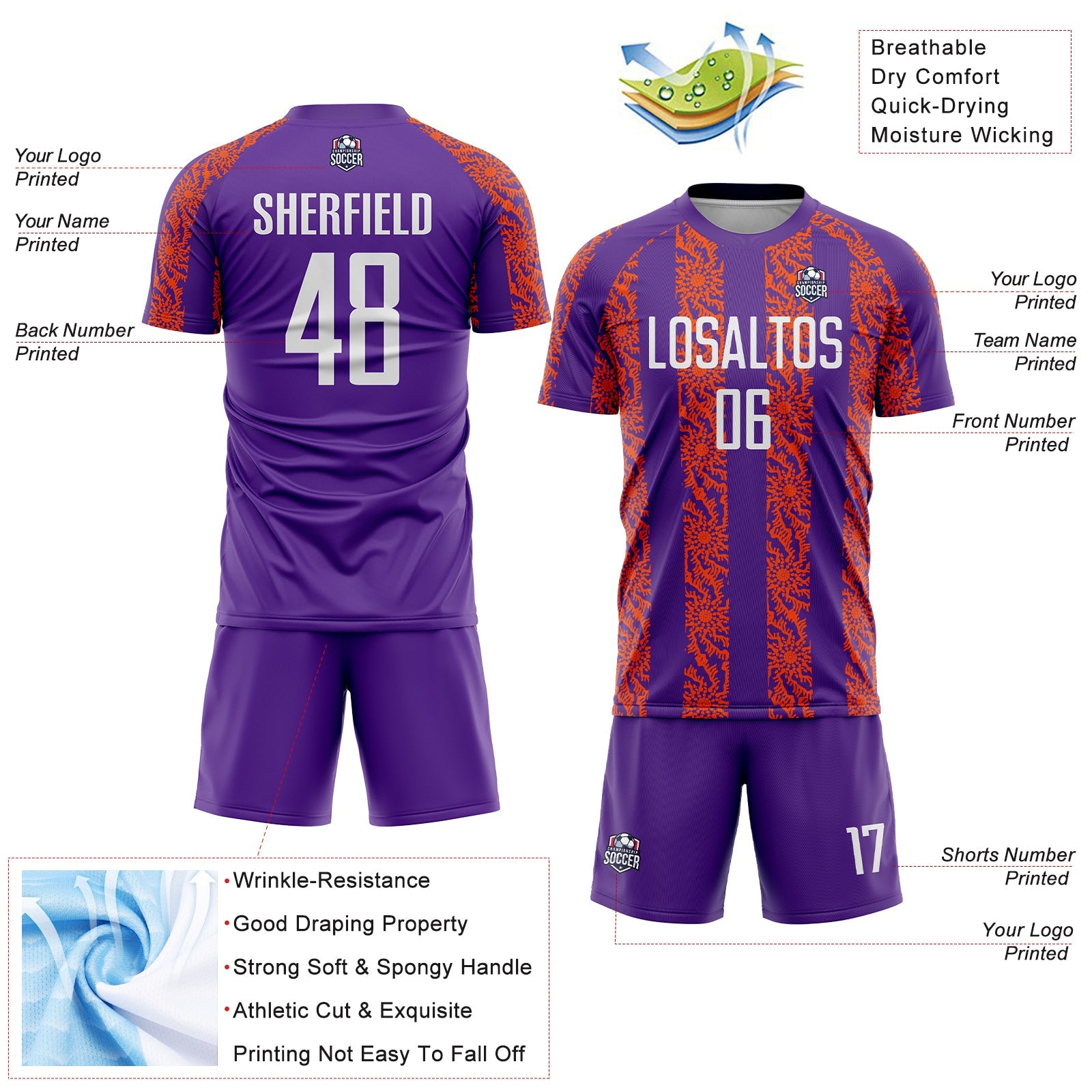 Custom Purple White-Orange Abstract Shape Sublimation Soccer Uniform Jersey view 4