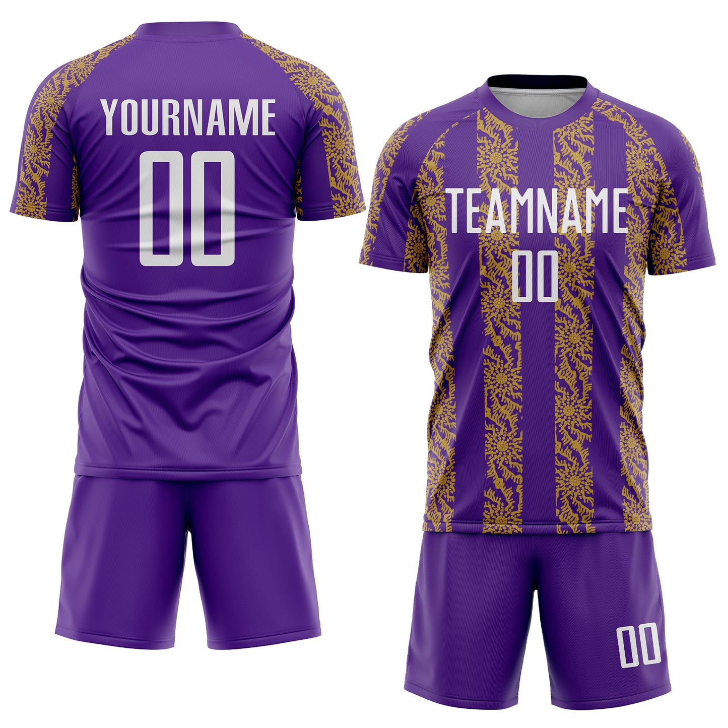 Custom Purple White-Old Gold Abstract Shape Sublimation Soccer Uniform Jersey view 2