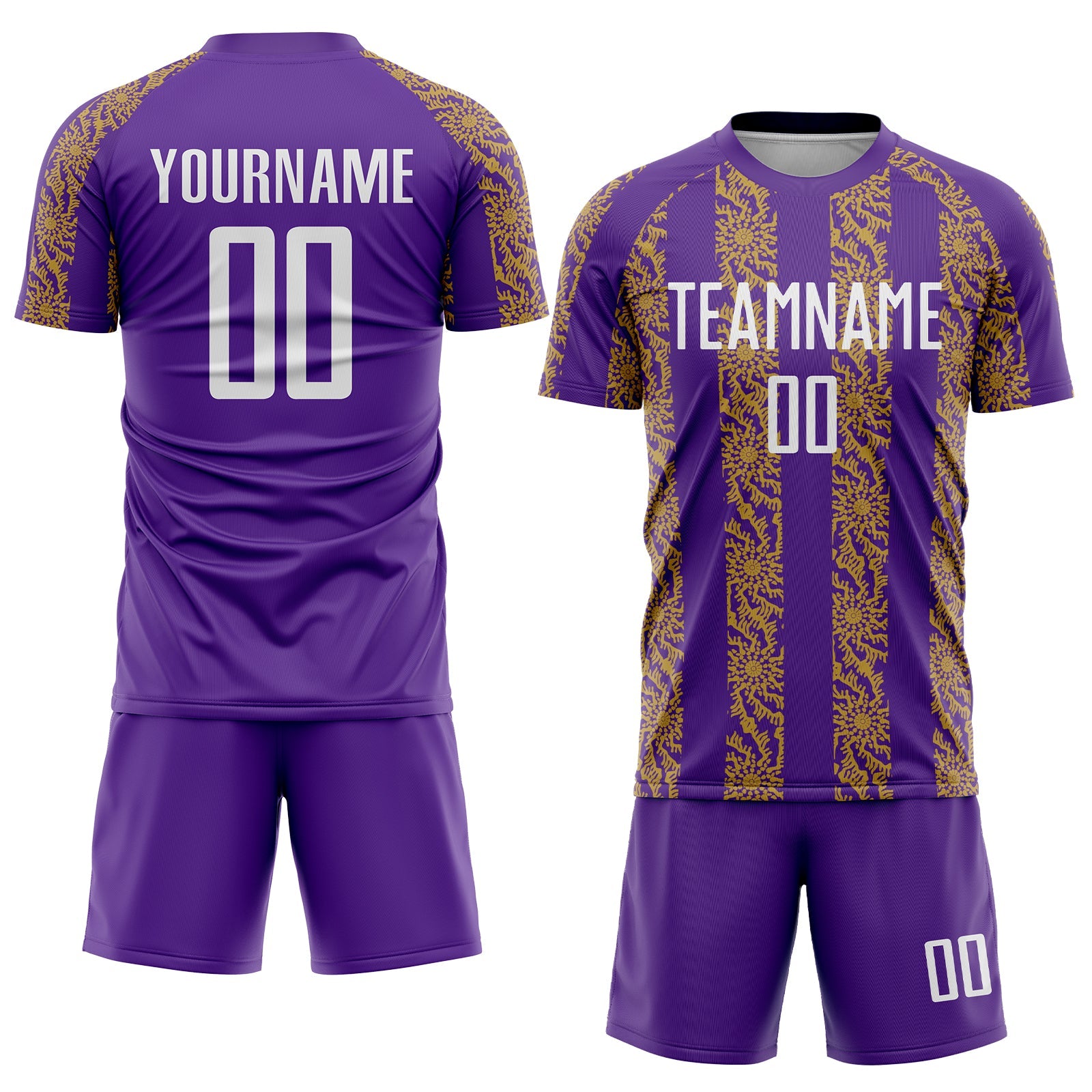 Custom Purple White-Old Gold Abstract Shape Sublimation Soccer Uniform Jersey view 2