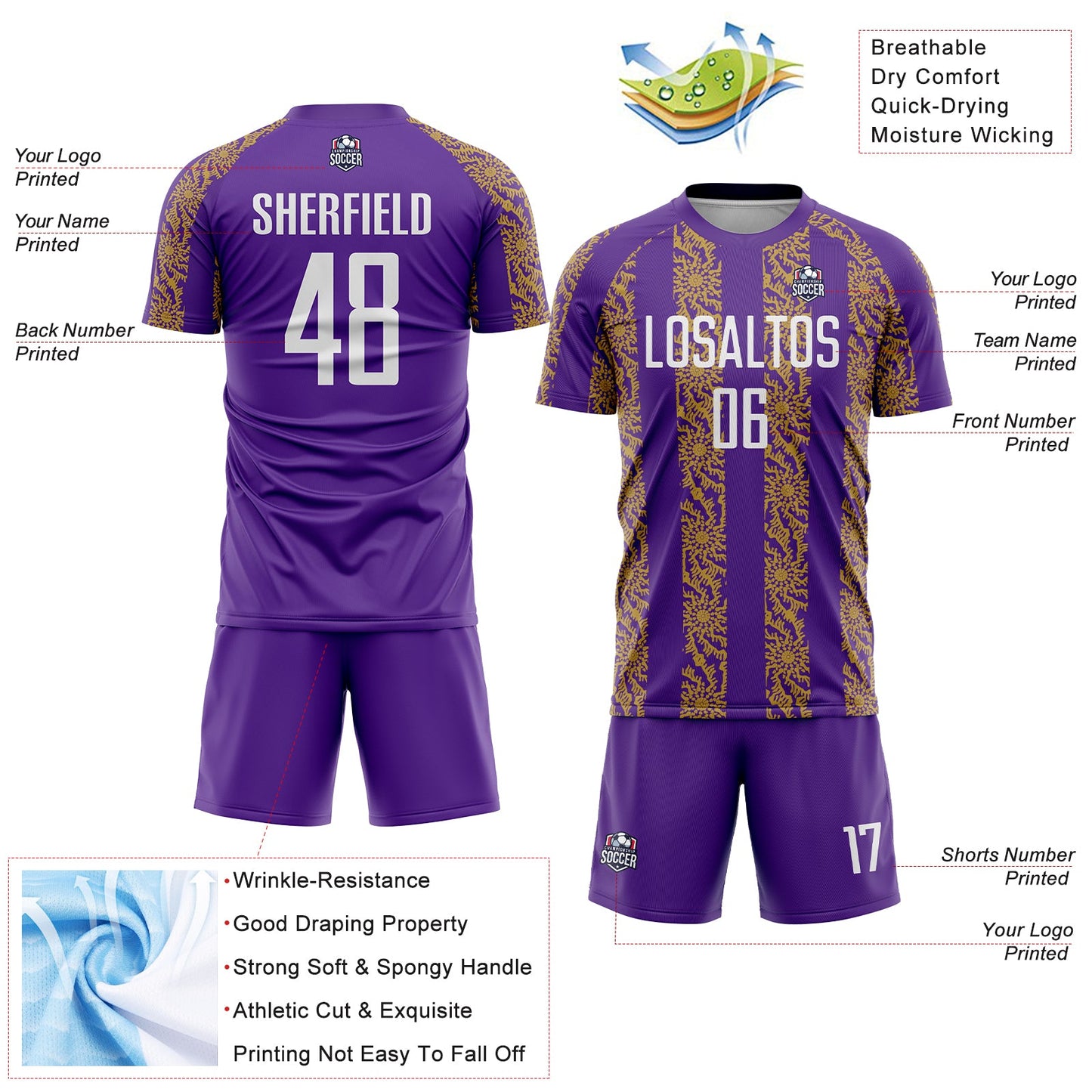 Custom Purple White-Old Gold Abstract Shape Sublimation Soccer Uniform Jersey view 4