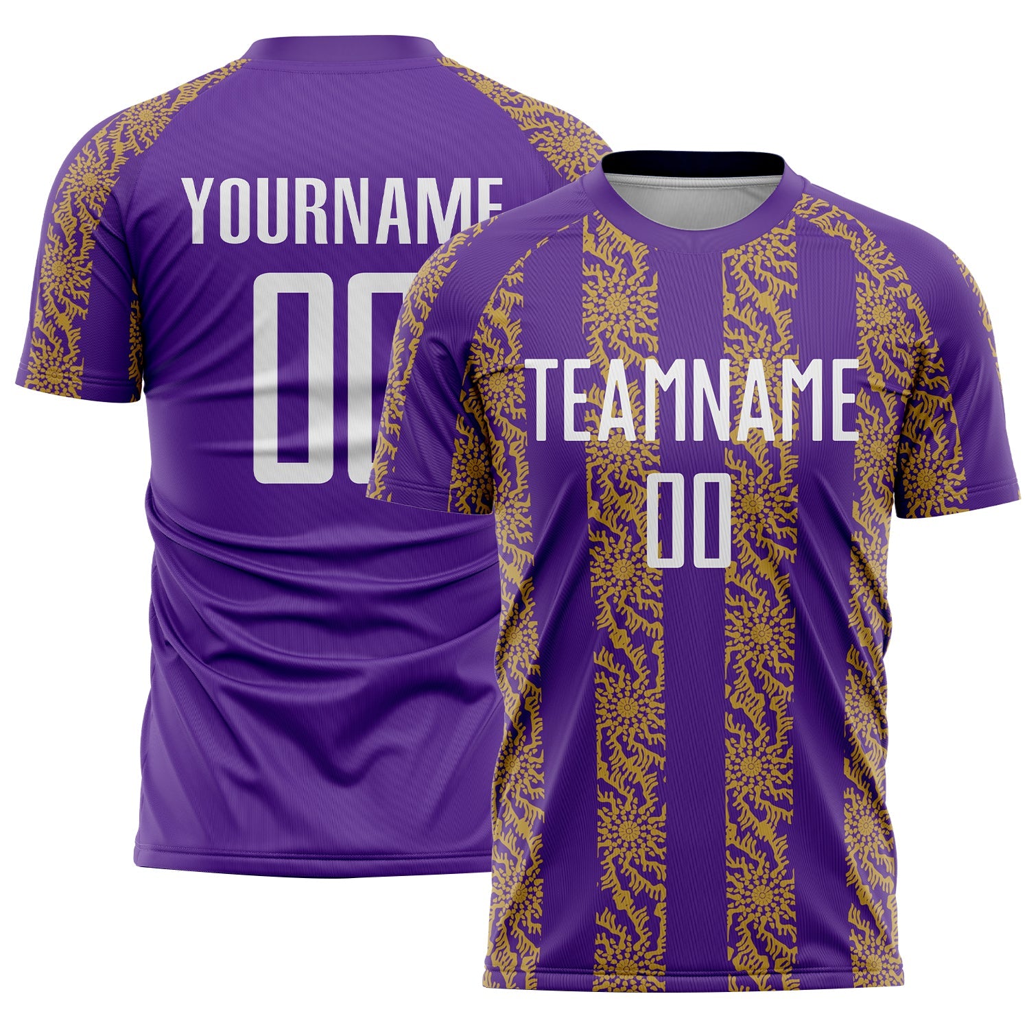 Custom Purple White-Old Gold Abstract Shape Sublimation Soccer Uniform Jersey - Main View