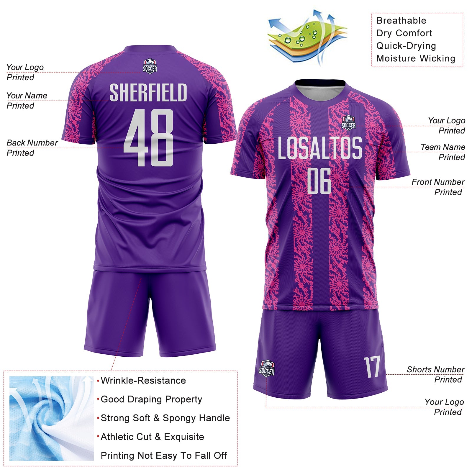 Custom Purple White-Pink Abstract Shape Sublimation Soccer Uniform Jersey view 4