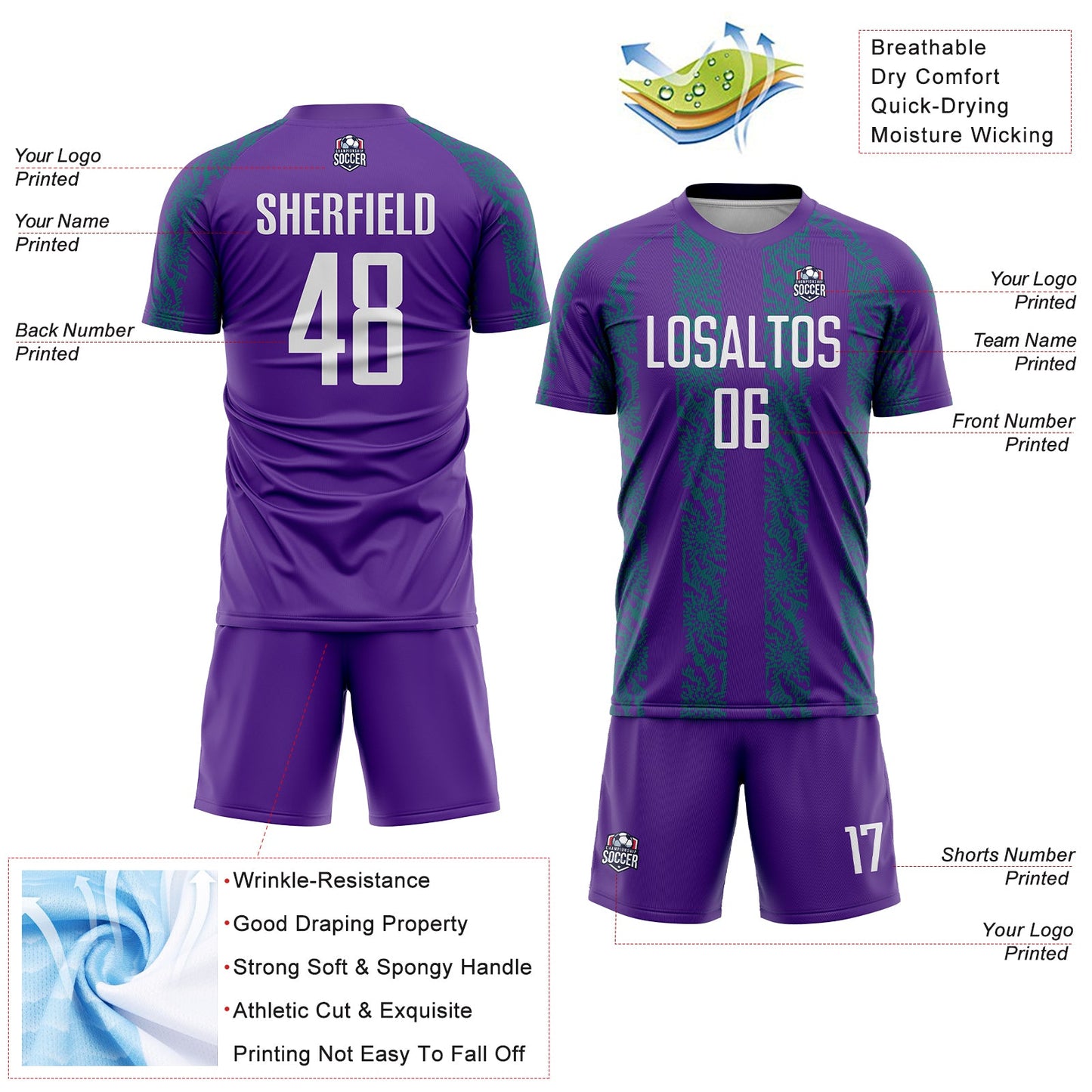Custom Purple White-Teal Abstract Shape Sublimation Soccer Uniform Jersey view 4