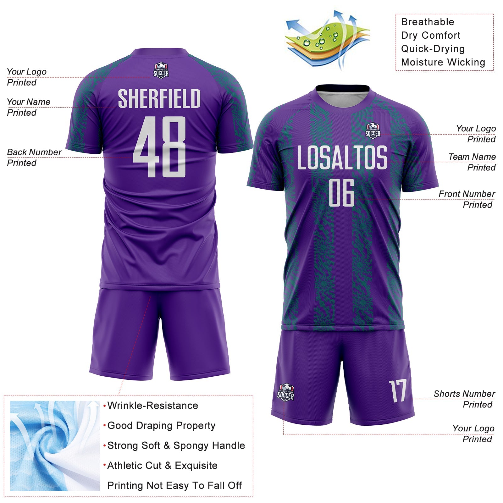 Custom Purple White-Teal Abstract Shape Sublimation Soccer Uniform Jersey view 4