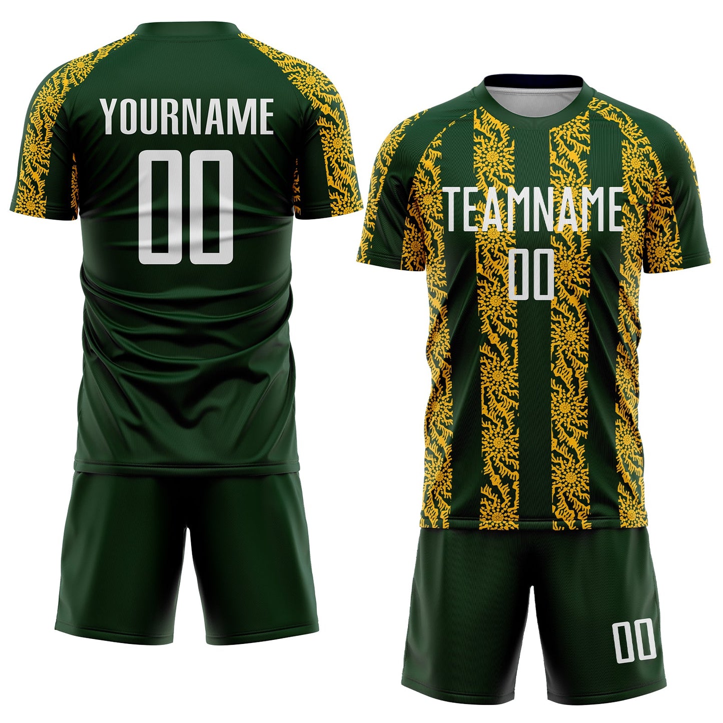 Custom Green White-Gold Abstract Shape Sublimation Soccer Uniform Jersey view 2
