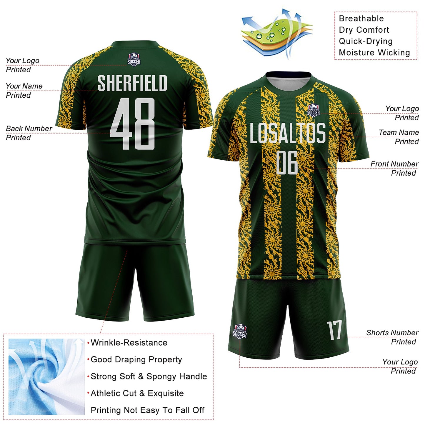 Custom Green White-Gold Abstract Shape Sublimation Soccer Uniform Jersey view 4