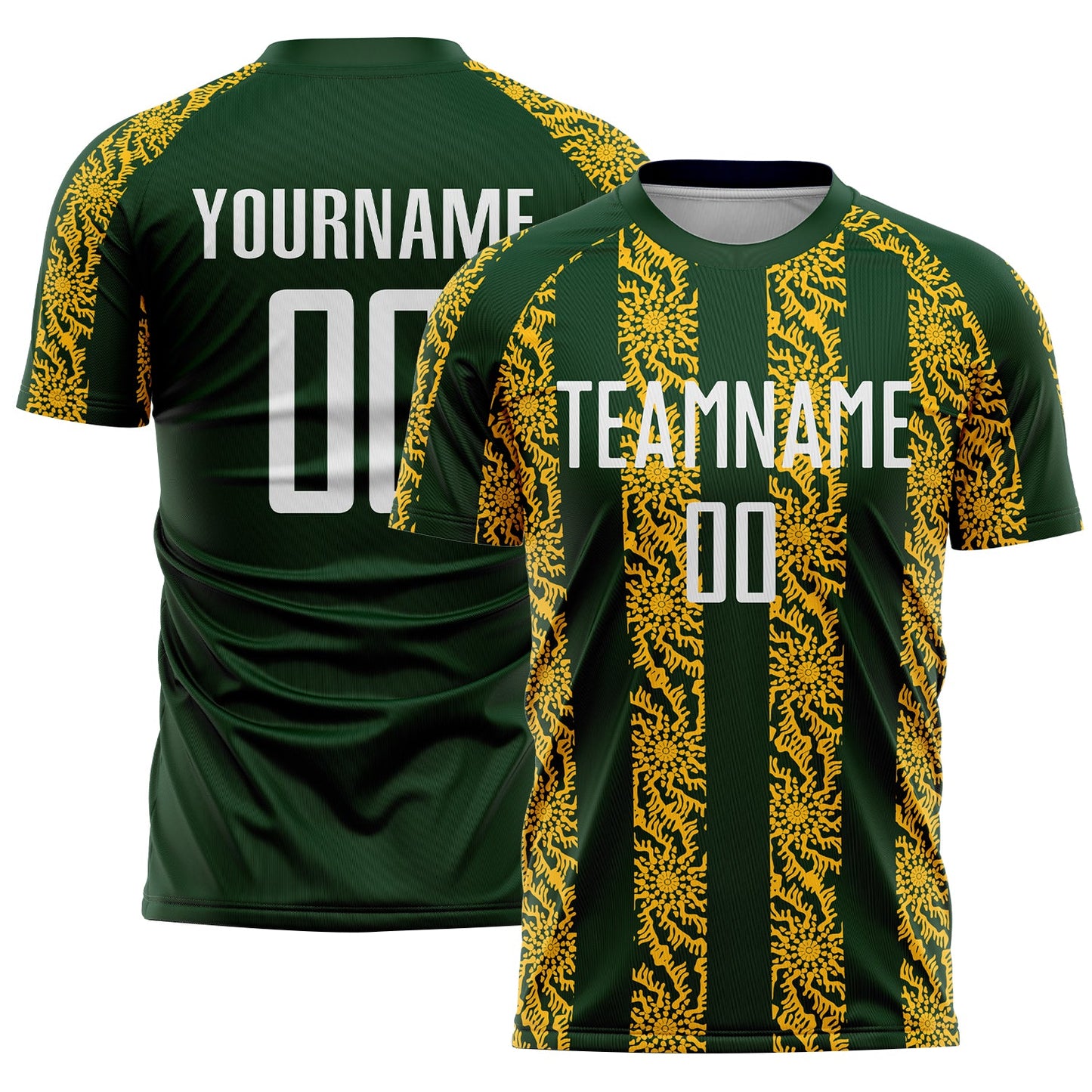 Custom Green White-Gold Abstract Shape Sublimation Soccer Uniform Jersey - Main View