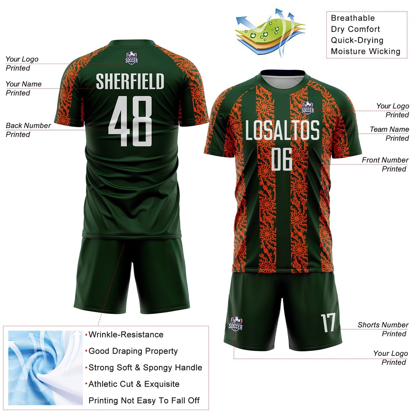 Custom Green White-Orange Abstract Shape Sublimation Soccer Uniform Jersey view 4