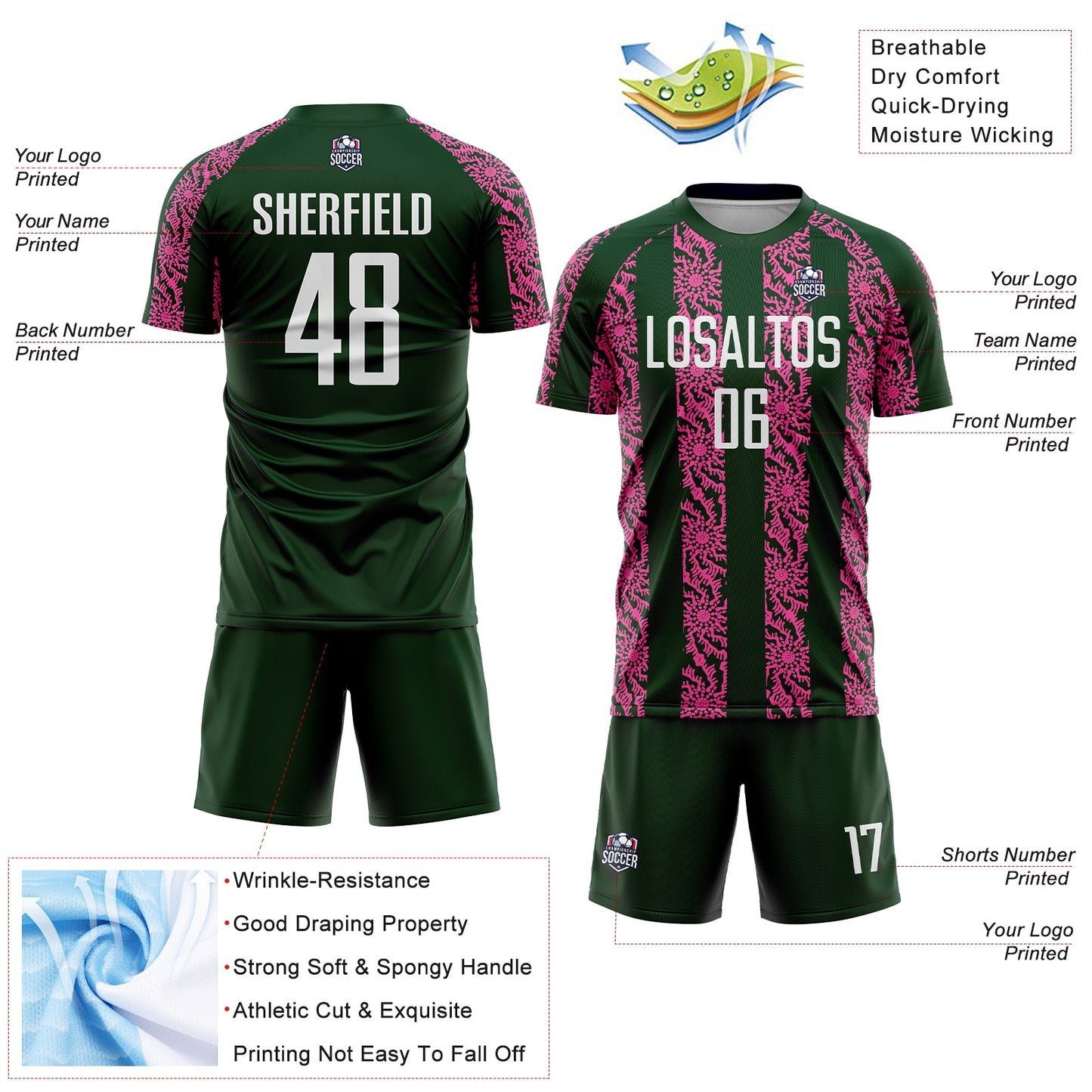 Custom Green White-Pink Abstract Shape Sublimation Soccer Uniform Jersey view 4