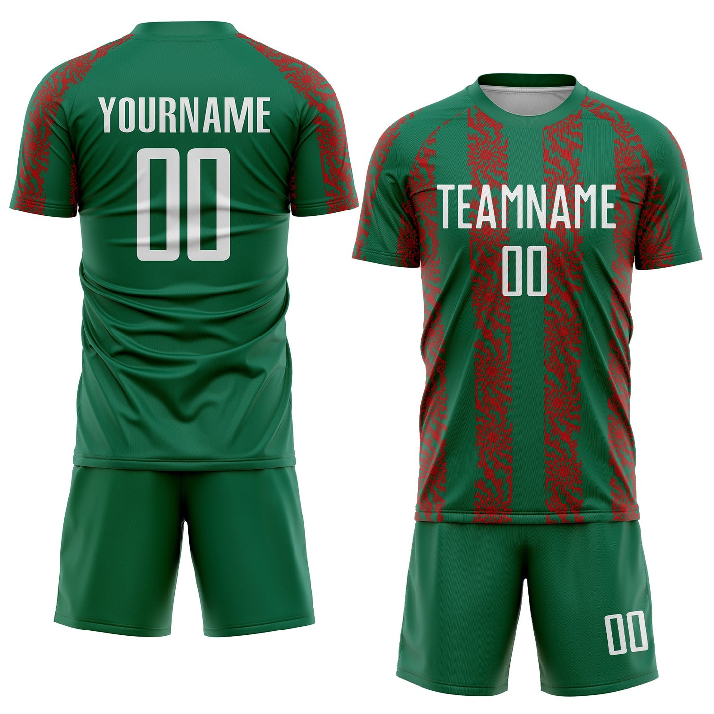 Custom Kelly Green White-Red Abstract Shape Sublimation Soccer Uniform Jersey view 2