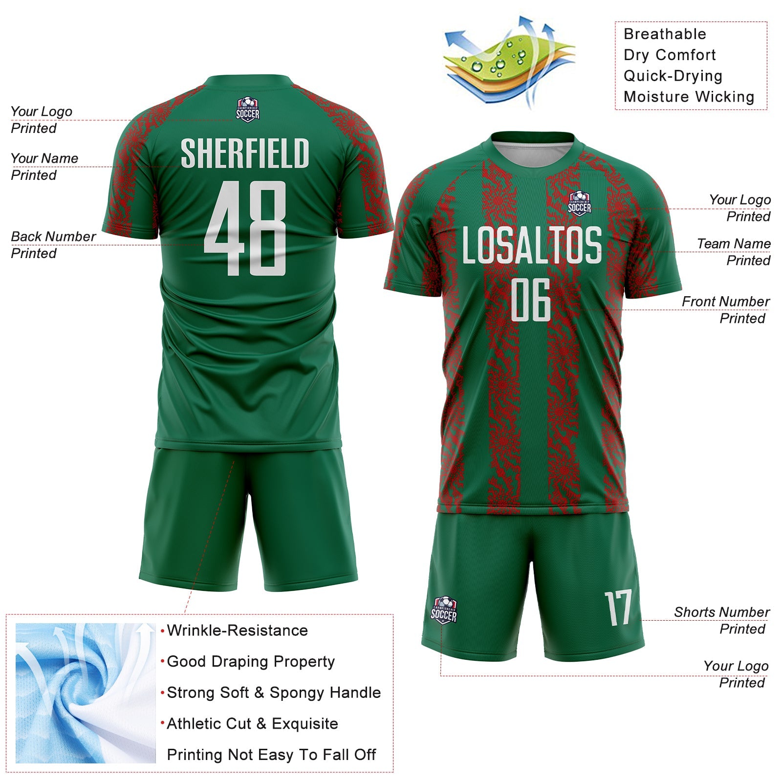 Custom Kelly Green White-Red Abstract Shape Sublimation Soccer Uniform Jersey view 4