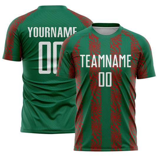 Custom Kelly Green White-Red Abstract Shape Sublimation Soccer Uniform Jersey - Main View