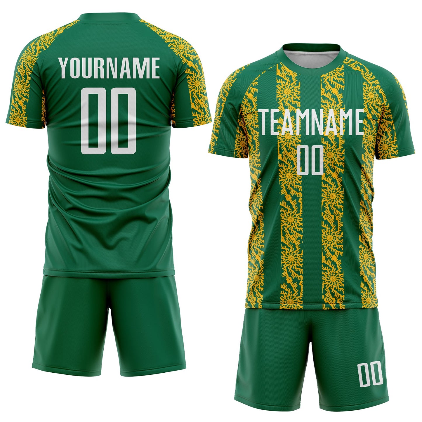 Custom Kelly Green White-Gold Abstract Shape Sublimation Soccer Uniform Jersey view 2
