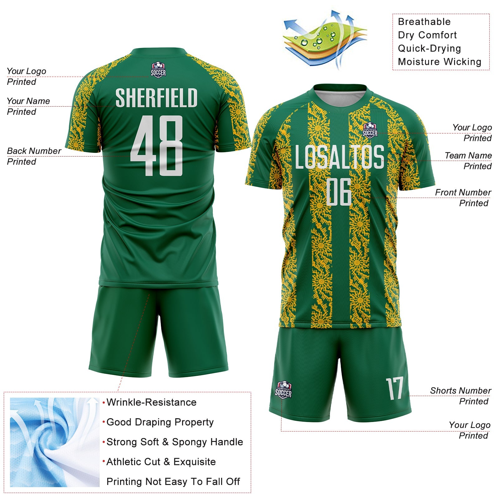 Custom Kelly Green White-Gold Abstract Shape Sublimation Soccer Uniform Jersey view 4