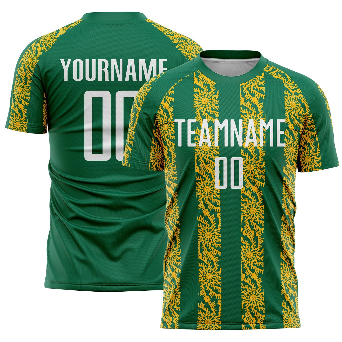 Custom Kelly Green White-Gold Abstract Shape Sublimation Soccer Uniform Jersey - Main View
