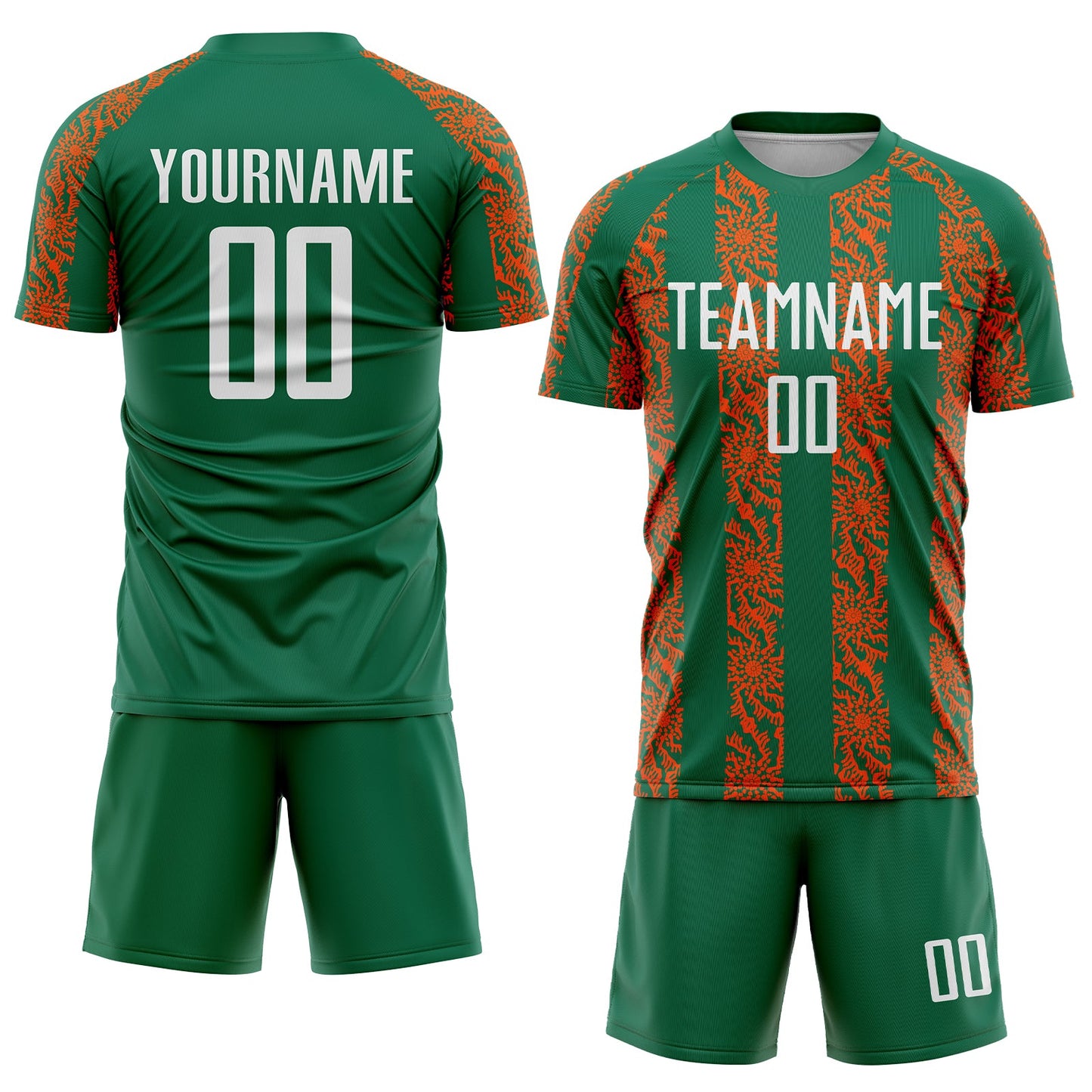Custom Kelly Green White-Orange Abstract Shape Sublimation Soccer Uniform Jersey view 2